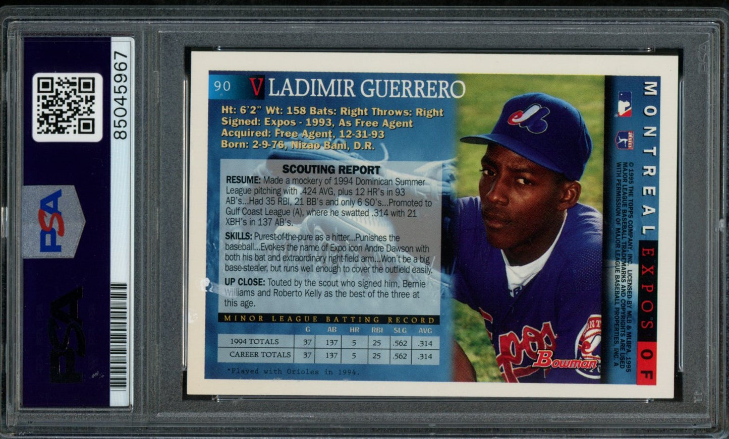 Vladimir Guerrero Montreal Expos Autographed 1995 Bowman Rookie Card #90 PSA/DNA