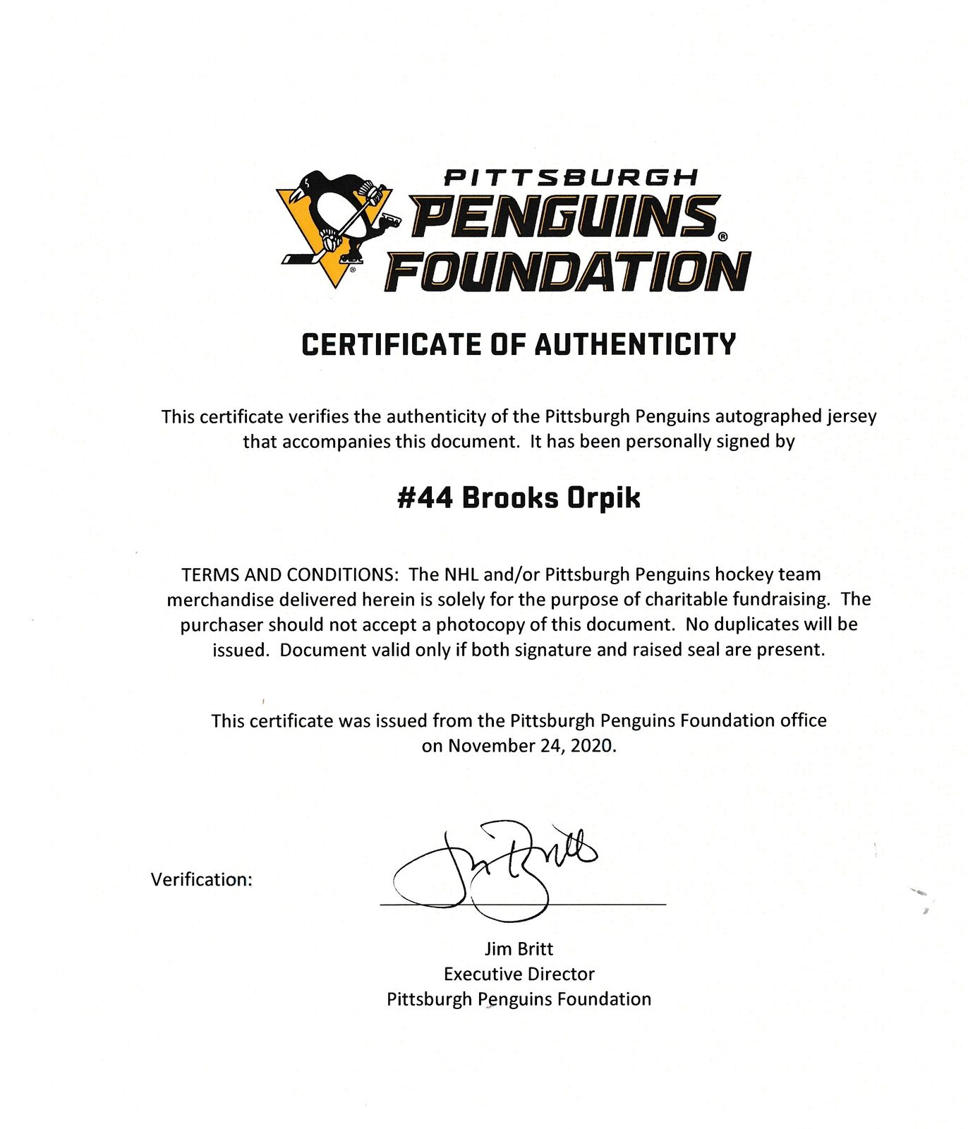 Brooks Orpik Signed Penguins Reebok Authentic TEAM Jersey Penguins Letter 163113