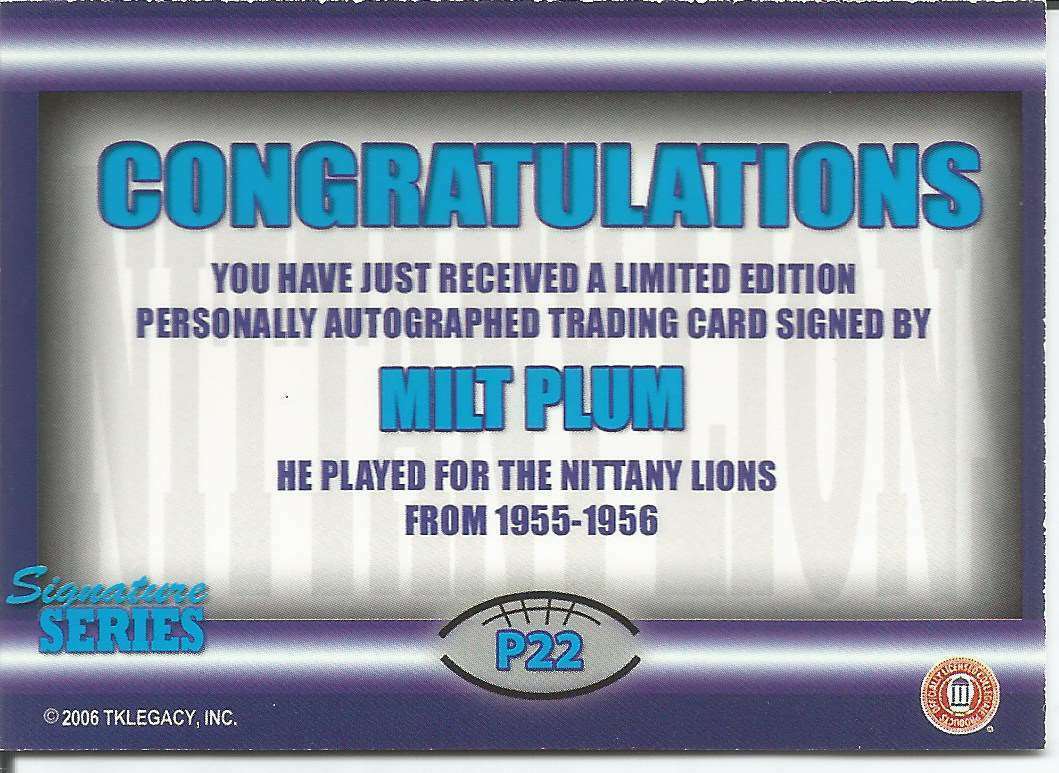 Milt Plum Signed/Autographed 2006 Penn State TKLegacy Card #P22 151180