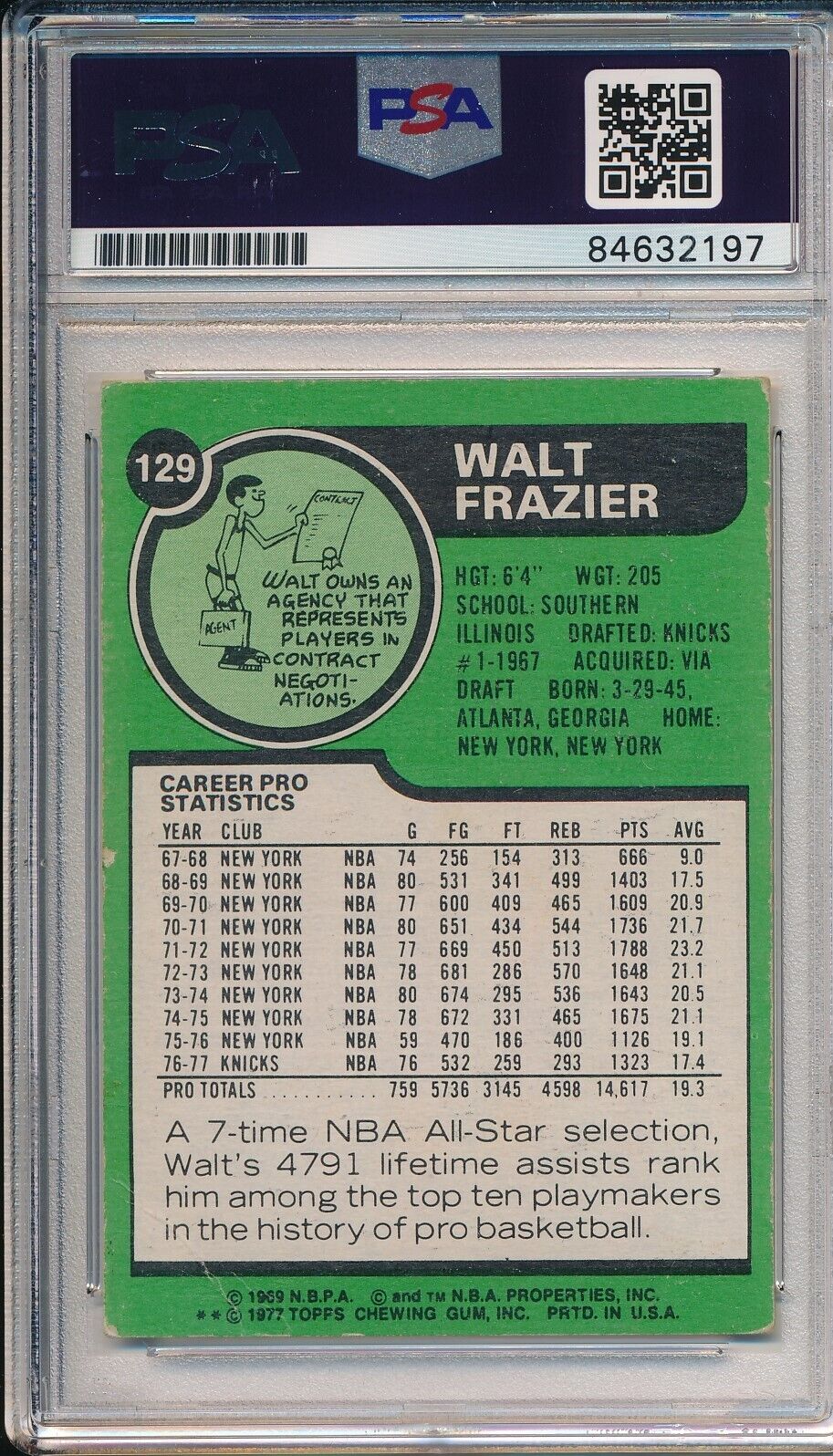 1977-78 Topps Walt Frazier HOF #129 Card Signed Knicks PSA/DNA