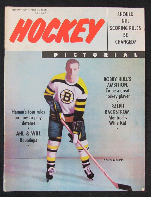 February 1959 NHL Hockey Pictorial Magazine Doug Mohns Boston Bruins on Cover