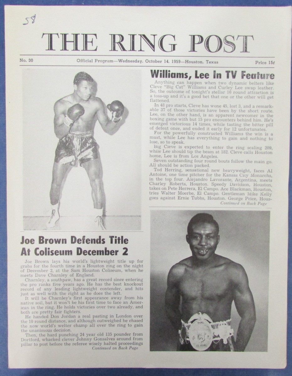 Cleveland Williams v Curley Lee On-Site 1959 Boxing Program 127219