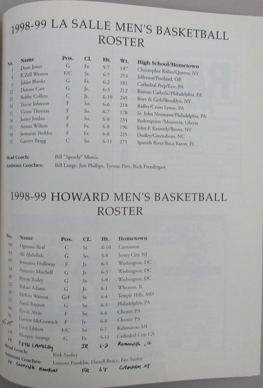 November 21, 1998 Tom Gola Arena Dedication La Salle vs. Howard Game Program