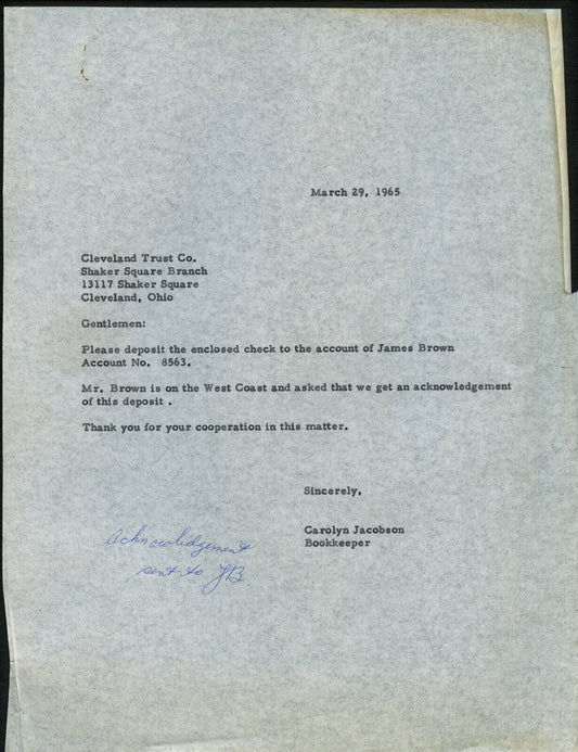 March 29, 1965 letter to Cleveland Trust Bank for Jim Brown Check Deposit 144997