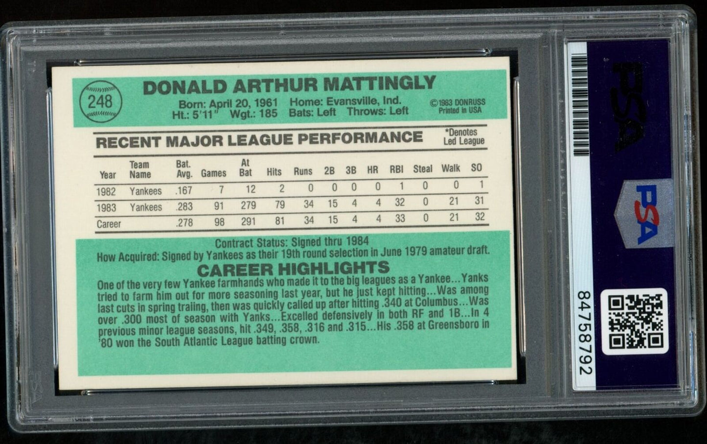 1984 DONRUSS Don Mattingly #248 Authentic Card Signed New York Yankees PSA/DNA