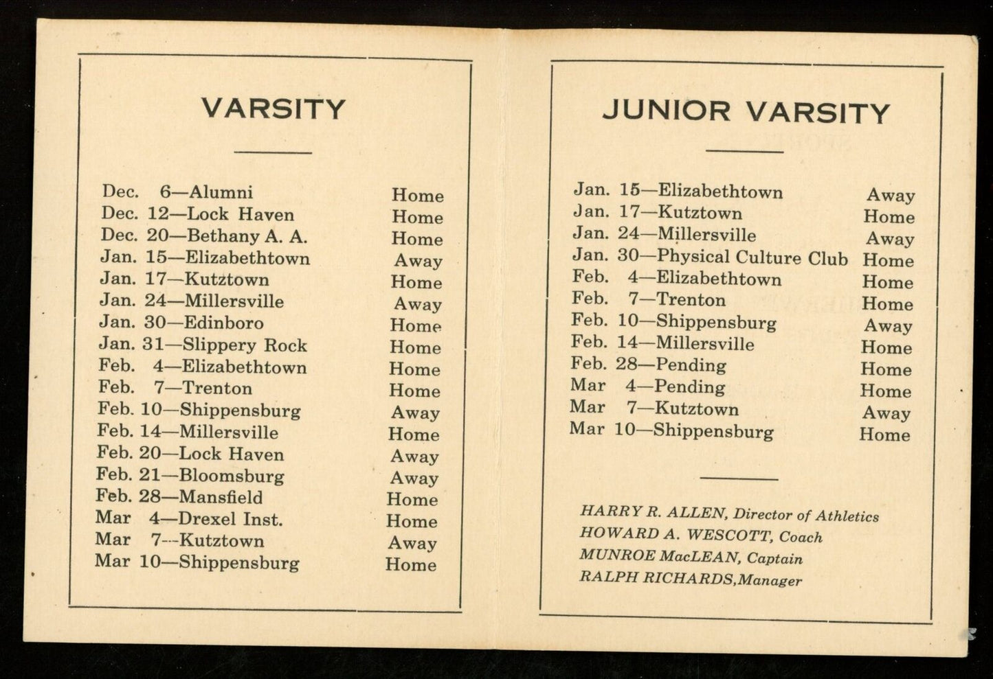 1930-31 West Chester State Teachers College Basketball 3x4 Pocket Schedule