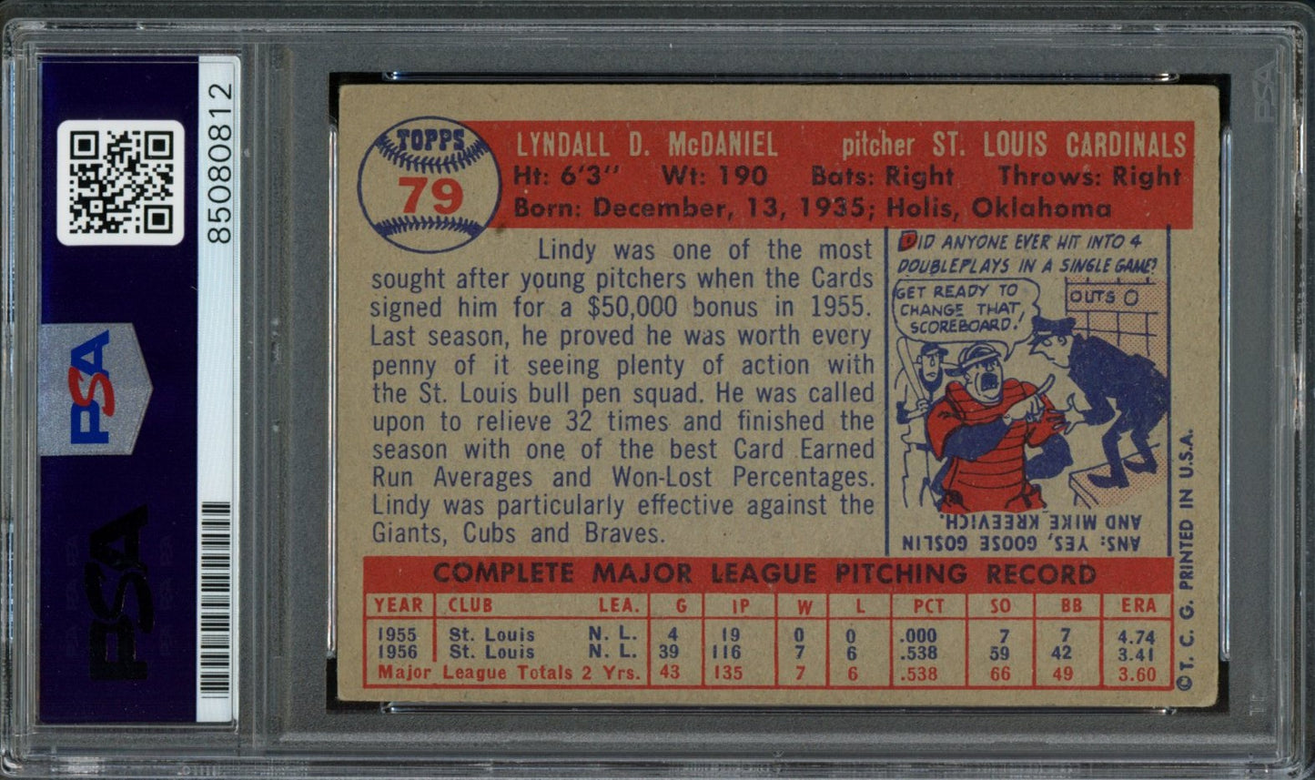 Lindy McDaniel Signed 1957 Topps Card #79 St. Louis Cardinals PSA/DNA 184137