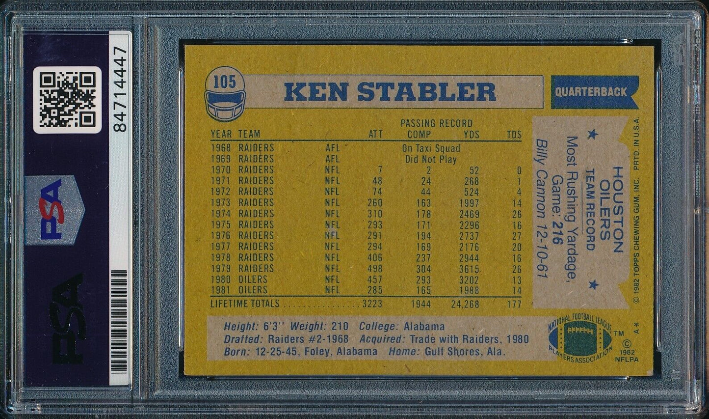 1982 TOPPS Ken Stabler #105 Card Signed Houston Oilers PSA/DNA 176676