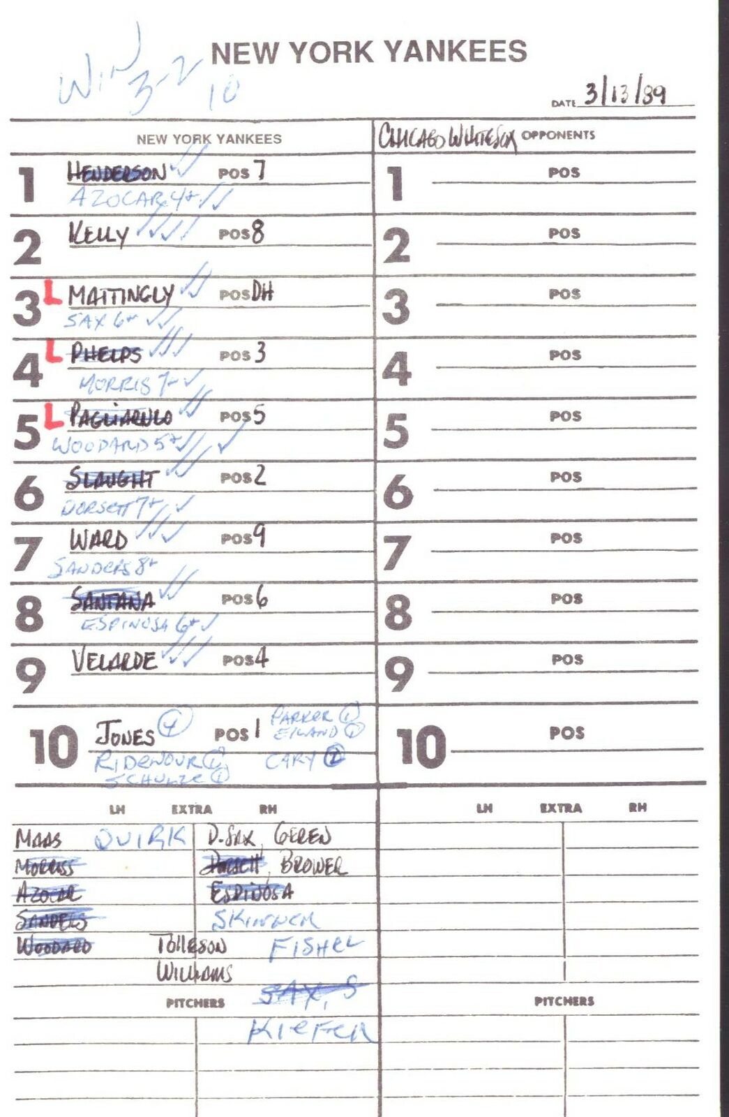 1989 New York Yankees Spring Training 5.5x8.5 Lineup Card vs. White Sox 151533