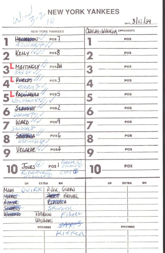 1989 New York Yankees Spring Training 5.5x8.5 Lineup Card vs. White Sox 151533