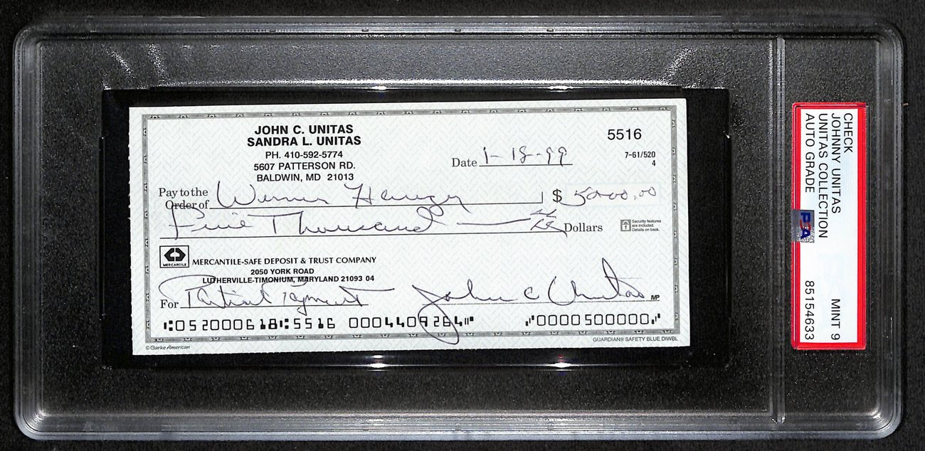 Johnny Unitas Signed 1/18/99 Check PSA/DNA MINT 9 188673