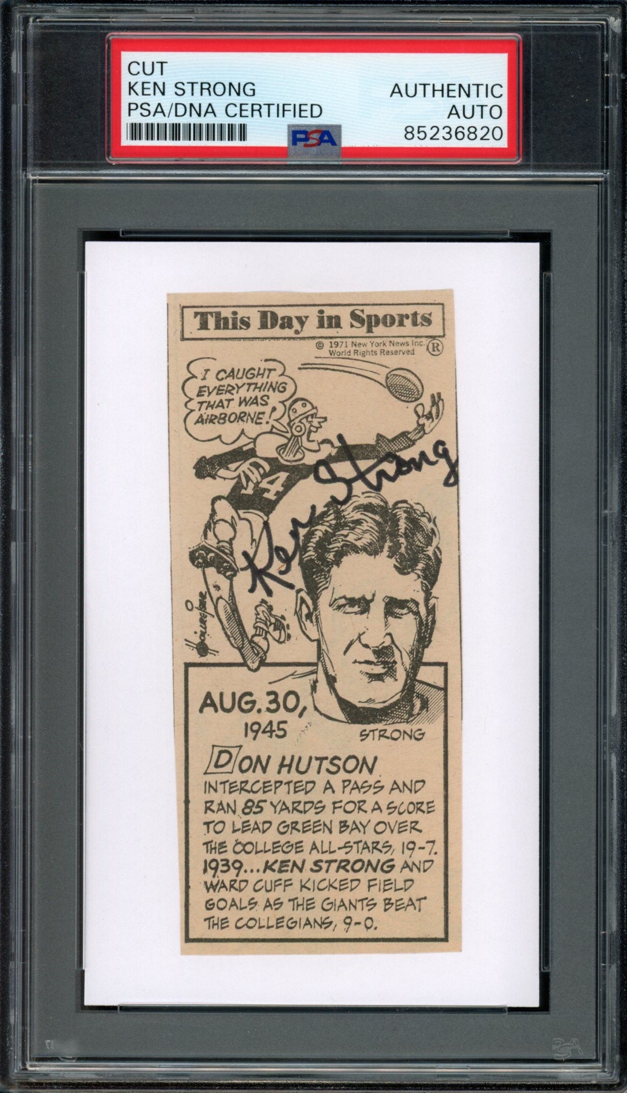 Ken Strong HOF Signed/Auto Cut Photo on 3x5 Card Giants PSA/DNA 188288