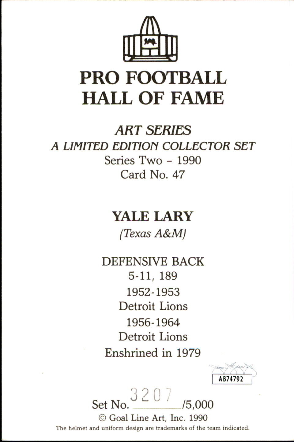 Yale Lary HOF Autographed/Inscribed Goal Line Art GLAC Postcard Lions JSA