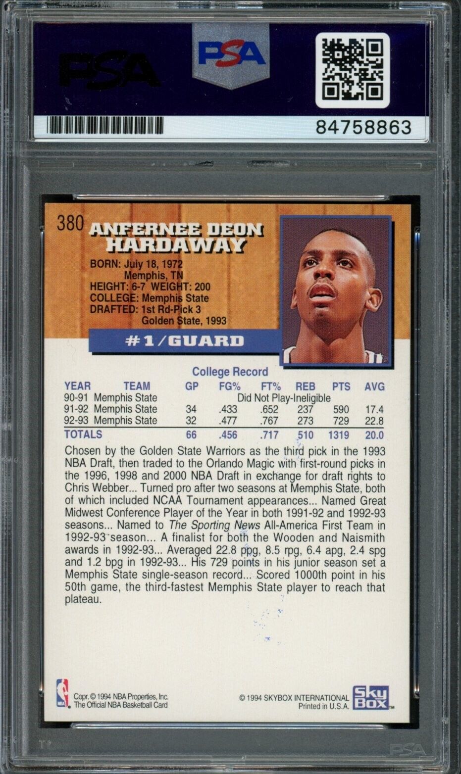 1993-94 Hoops Anfernee Hardaway #380 Rookie Card Signed Magic PSA/DNA