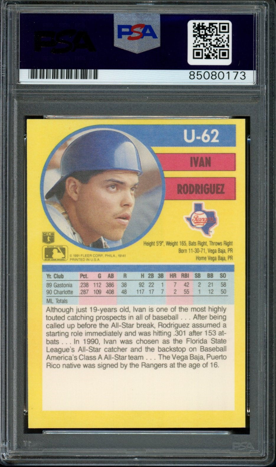 Ivan Rodriguez HOF Autographed 1991 Fleer Rookie Card #U-62 Rangers PSA/DNA