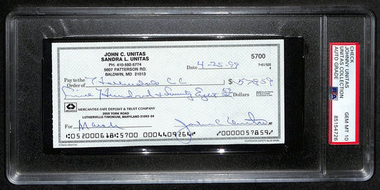 Johnny Unitas HOF Signed/Auto 1999 Bank Check Colts PSA/DNA GEM MT 10 192623