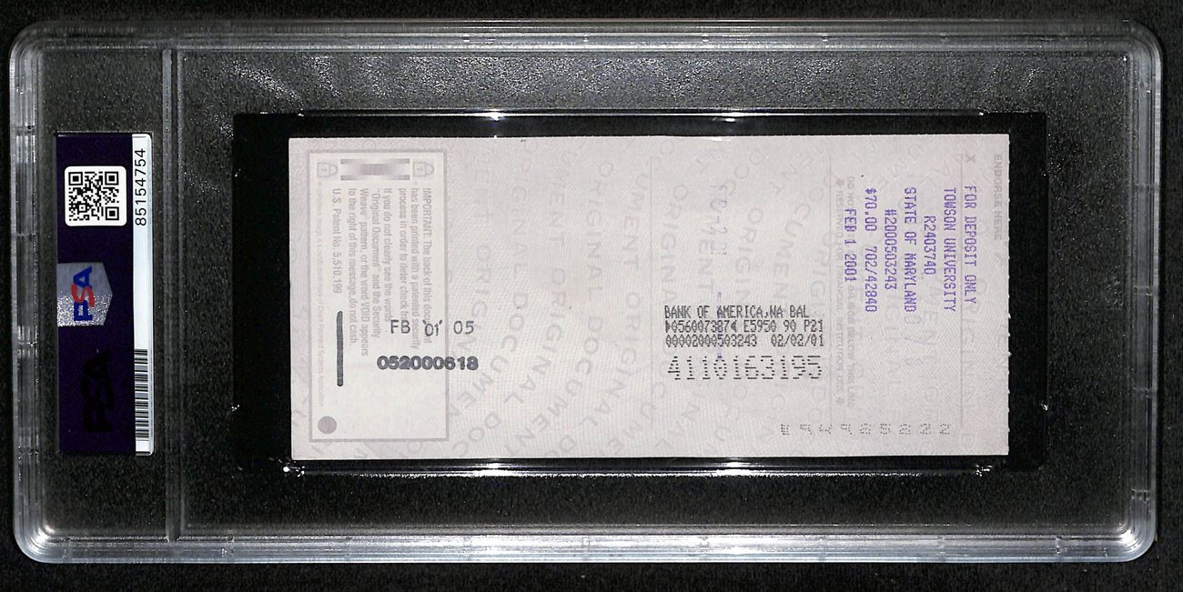 Johnny Unitas HOF Signed/Auto 2001 Bank Check Colts PSA/DNA GEM MT 10 189591