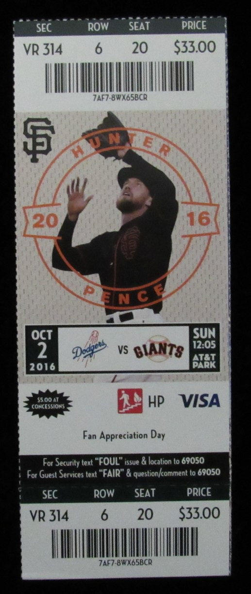 October 2, 2016 Full Ticket Dodgers vs. Giants Vin Scully Final Game 184916