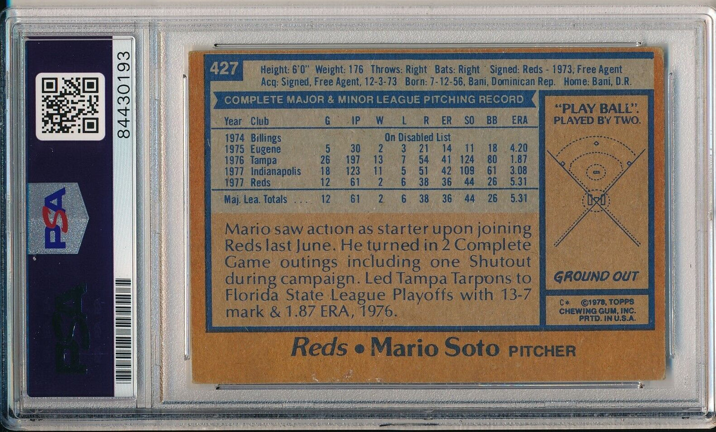 Mario Soto Reds Signed/Autographed 1978 TOPPS Rookie Card #427 PSA/DNA 164210