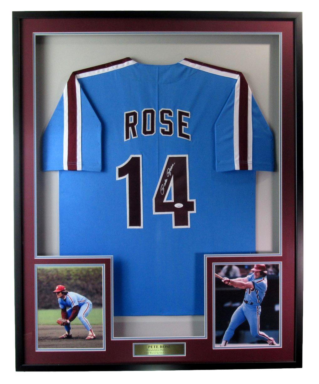 Pete Rose Signed Blue Philadelphia Phillies Baseball Jersey Framed JSA 191949