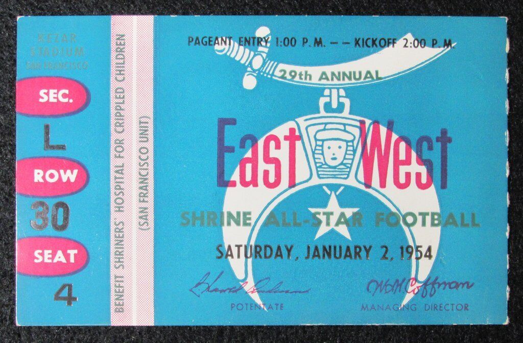 1954 East vs. West Shrine Game Ticket Stub Kezar Stadium San Francisco, CA