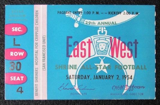 1954 East vs. West Shrine Game Ticket Stub Kezar Stadium San Francisco, CA