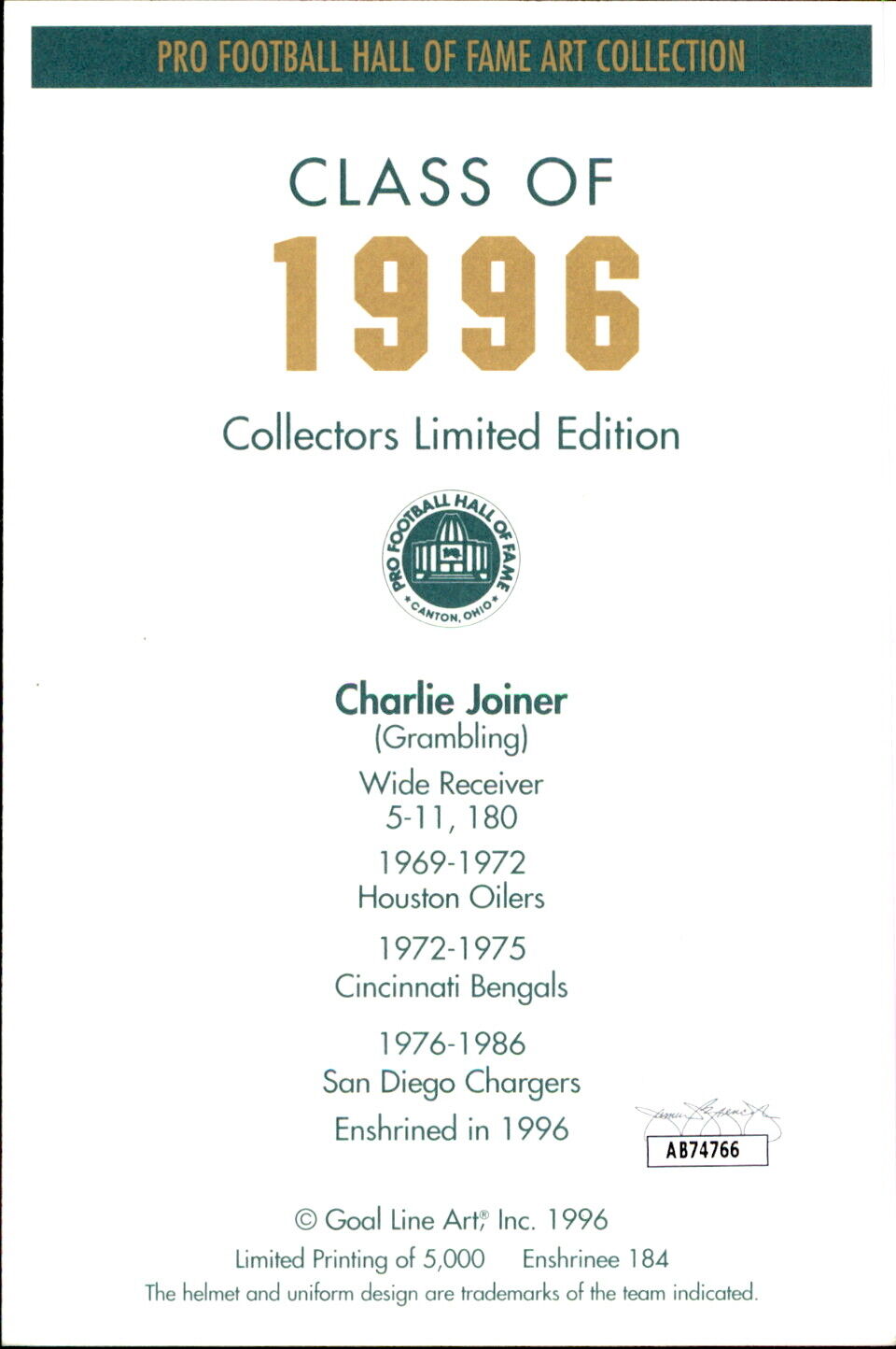 Charlie Joiner HOF Autographed/Inscr Goal Line Art GLAC Postcard Chargers JSA