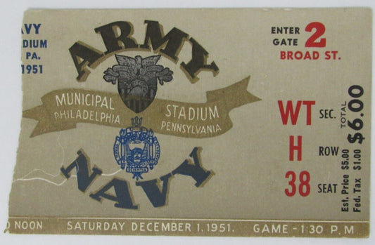 Vintage 1951 Army vs. Navy College Football Game Ticket Stub