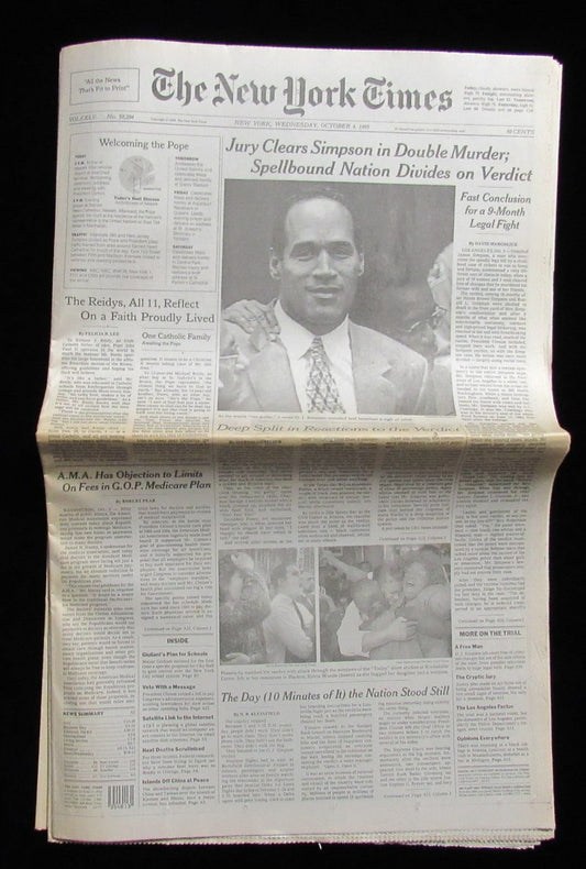 October 4, 1995 The New York Times Newspaper O.J. Simpson Not Guilty 185388