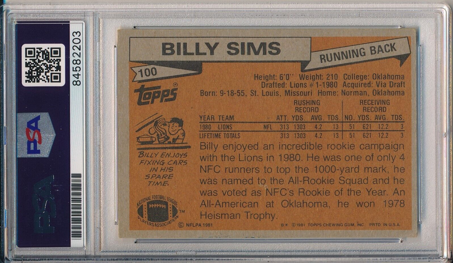 Billy Sims Signed/Auto 1981 TOPPS Rookie Card #100 Detroit Lions PSA/DNA
