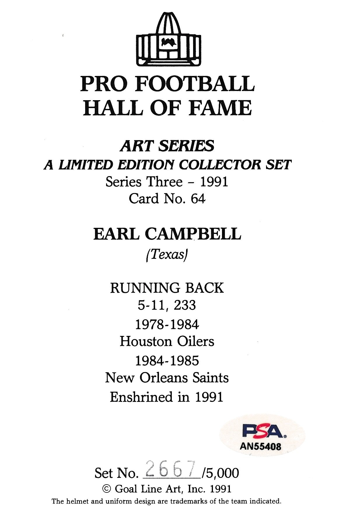 Earl Campbell HOF Oilers Signed 1991 GLAC/Goal Line Art Postcard PSA/DNA 186317