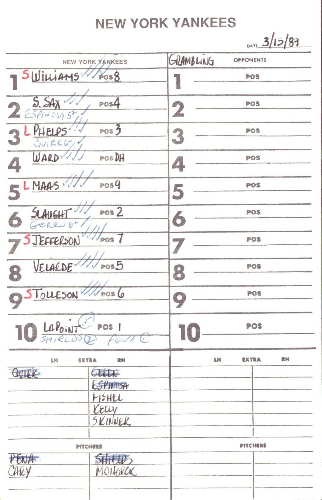 1989 New York Yankees Spring Training 5.5x8.5 Lineup Card vs. Grambling 151530