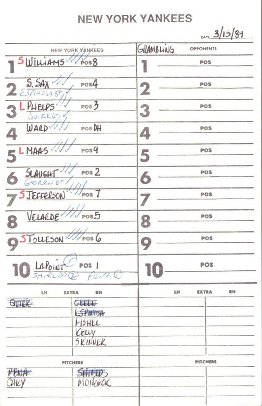 1989 New York Yankees Spring Training 5.5x8.5 Lineup Card vs. Grambling 151530