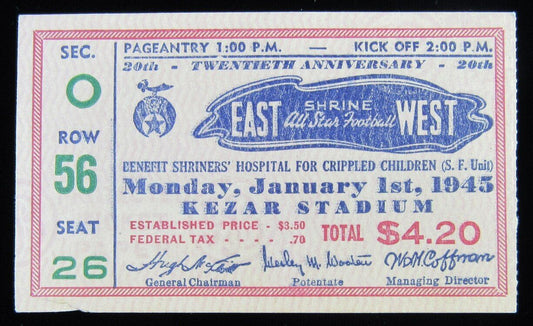 1945 Shrine Bowl East vs. West Ticket Stub, Kezar Stadium, SF California