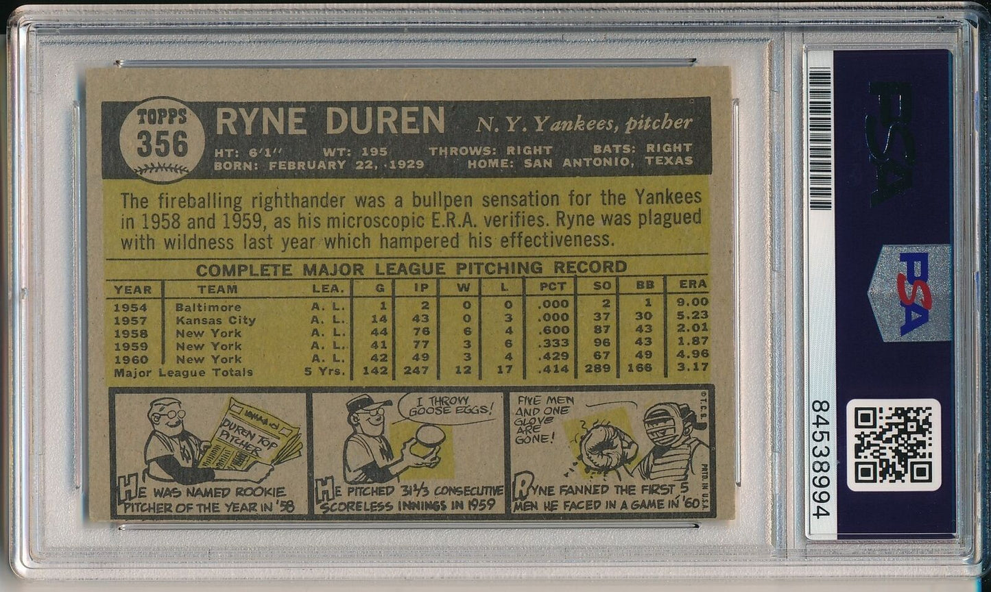 Ryne Duren Yankees Signed/Autographed 1961 TOPPS Card #356 PSA/DNA 166648