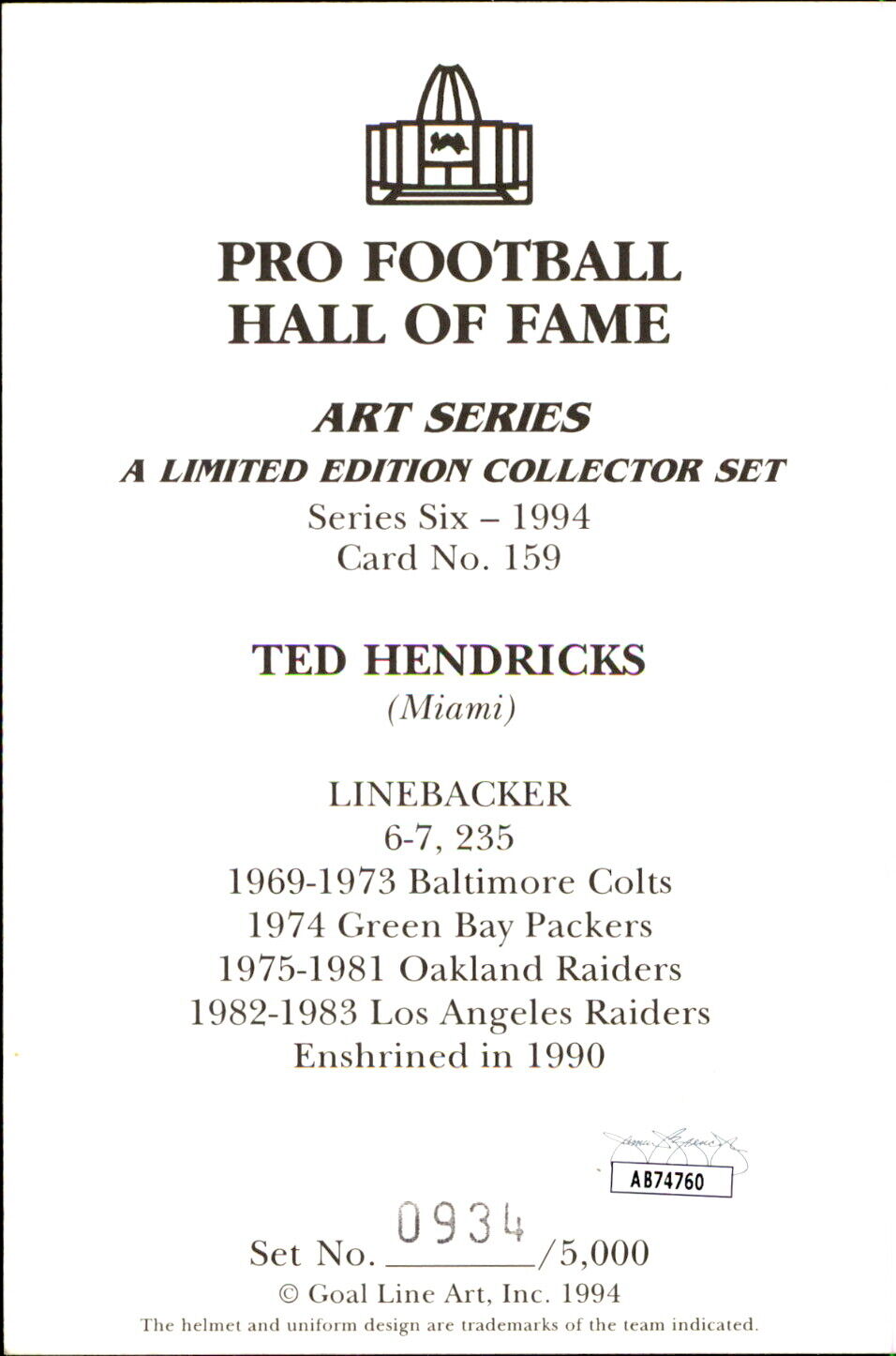 Ted Hendricks HOF Autographed/Inscribed Goal Line Art GLAC Postcard Raiders JSA