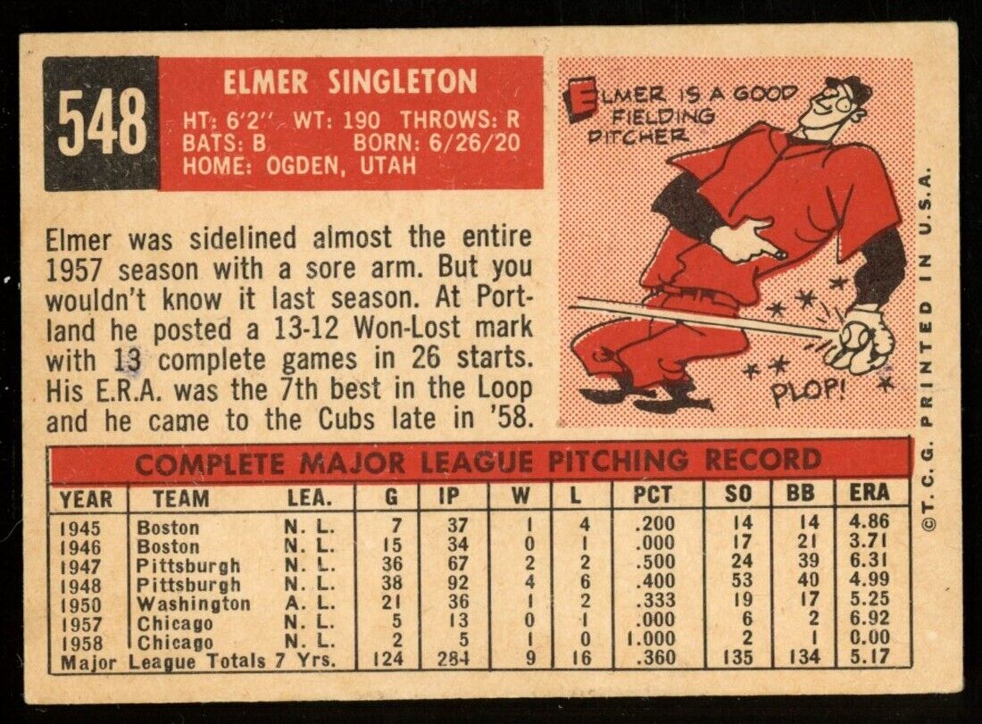 1959 Topps Baseball Elmer Singleton #548 Chicago Cubs