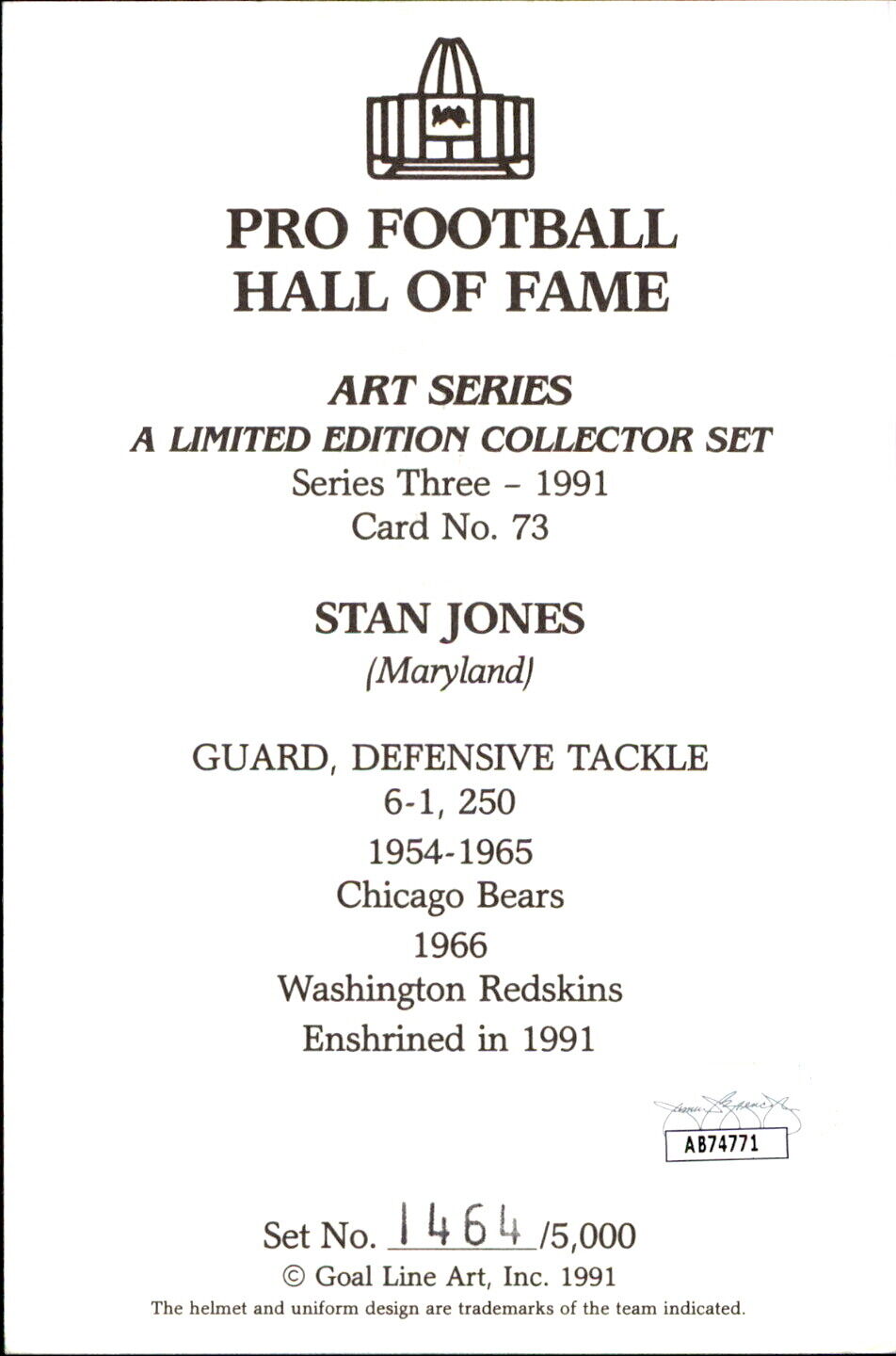 Stan Jones HOF Autographed Goal Line Art GLAC Postcard Chicago Bears JSA