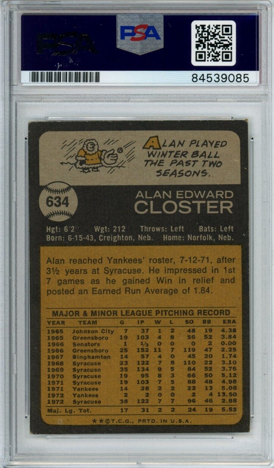 Alan Closter Yankees Signed/Autographed 1973 TOPPS Card #634 PSA/DNA 166860