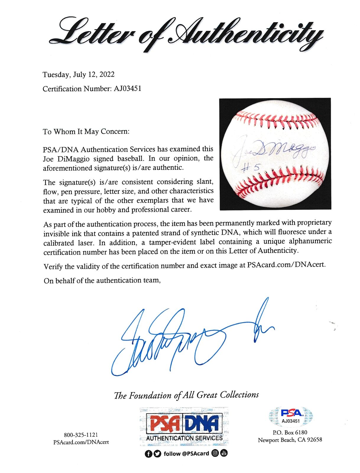 Joe DiMaggio Autographed Rawlings OAL Baseball New York Yankees PSA/DNA 170508