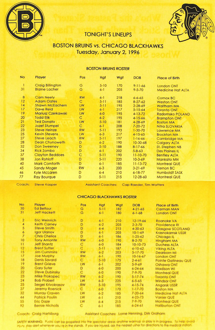 January 2 1996  Boston Bruins vs Chicago Blackhawks Offical  Game Program 182019