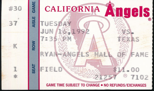 Nolan Ryan Ticket Stub June 16, 1992 Angels vs. Rangers 186488
