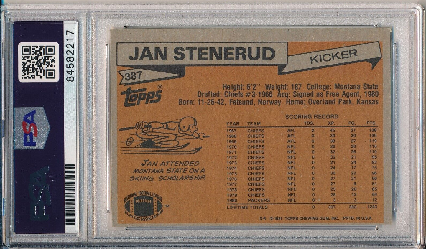 Jan Stenerud HOF Signed/Auto 1981 TOPPS Card #387 KC Chiefs PSA/DNA