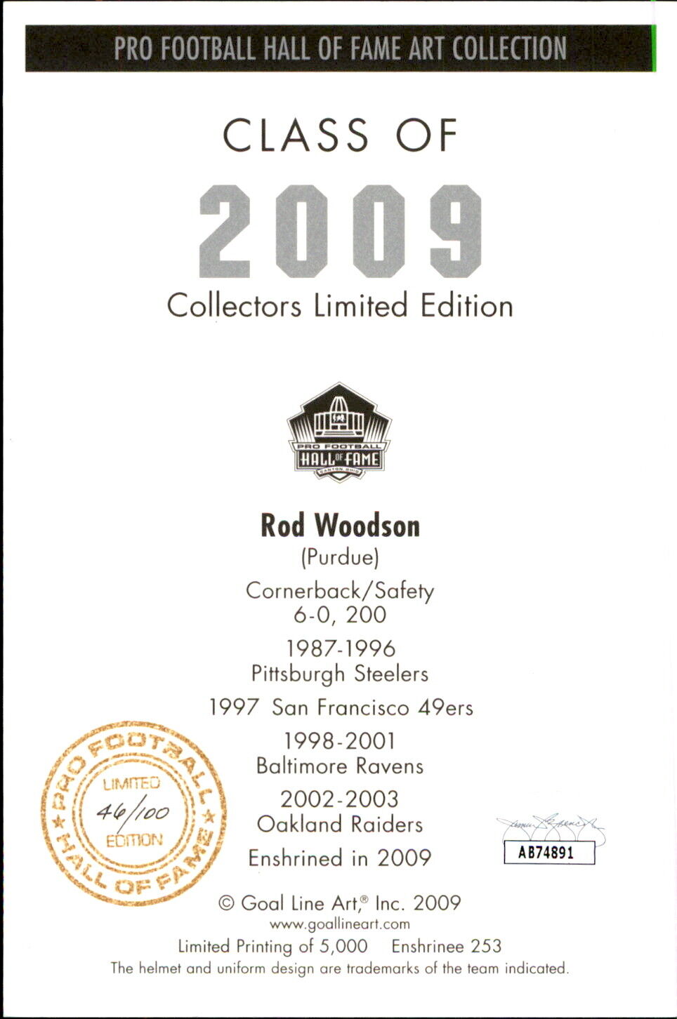 Rod Woodson HOF Autographed Goal Line Art GLAC Postcard LE 46/100 Steelers JSA