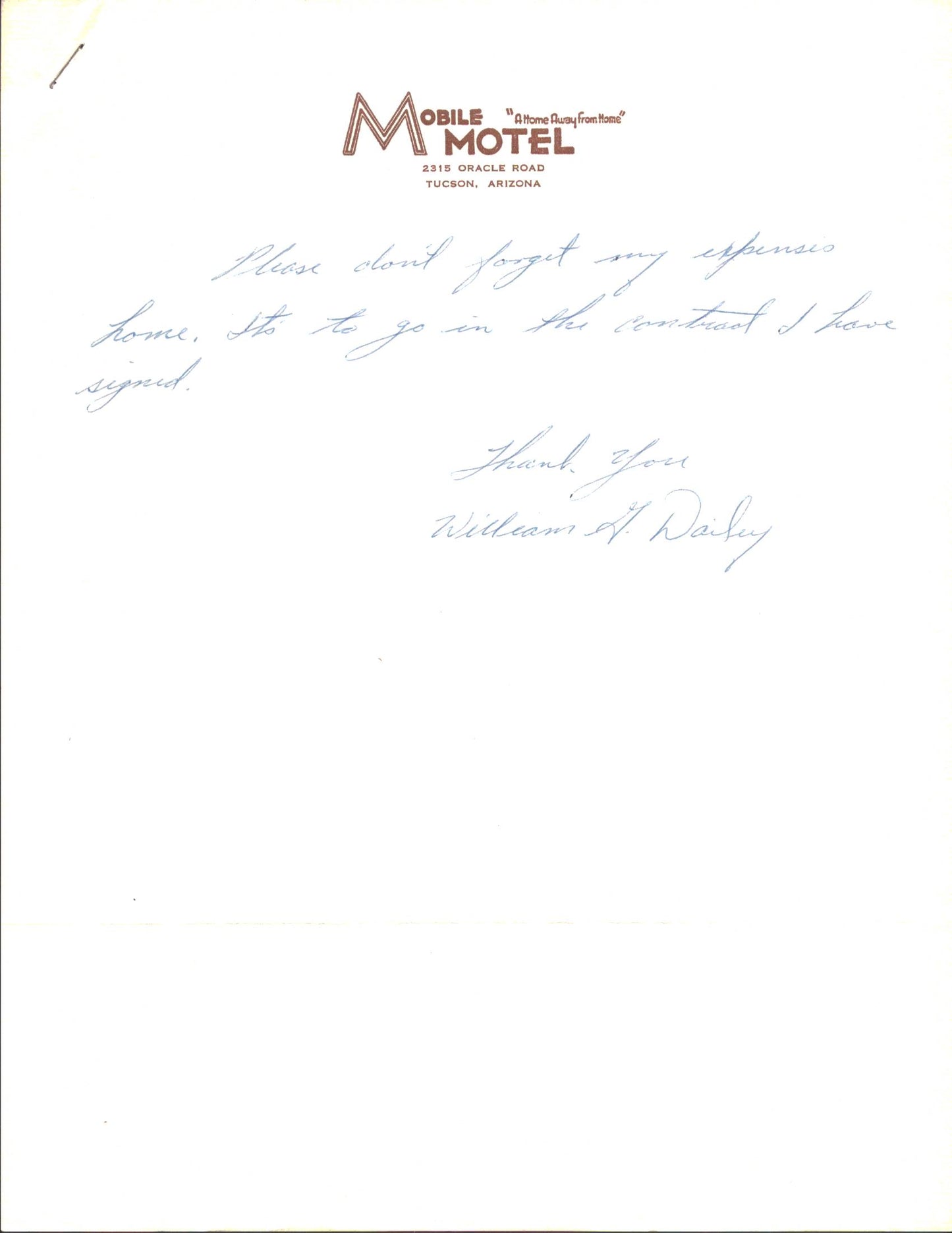 William G. Dailey  Indians/Twins Signed Personal Letter from Mobile Motel 151635