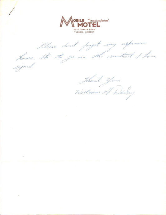 William G. Dailey  Indians/Twins Signed Personal Letter from Mobile Motel 151635