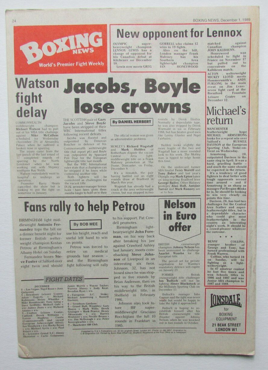 December 1, 1989 Boxing News Magazine Roberto Duran Sugar Ray Leonard