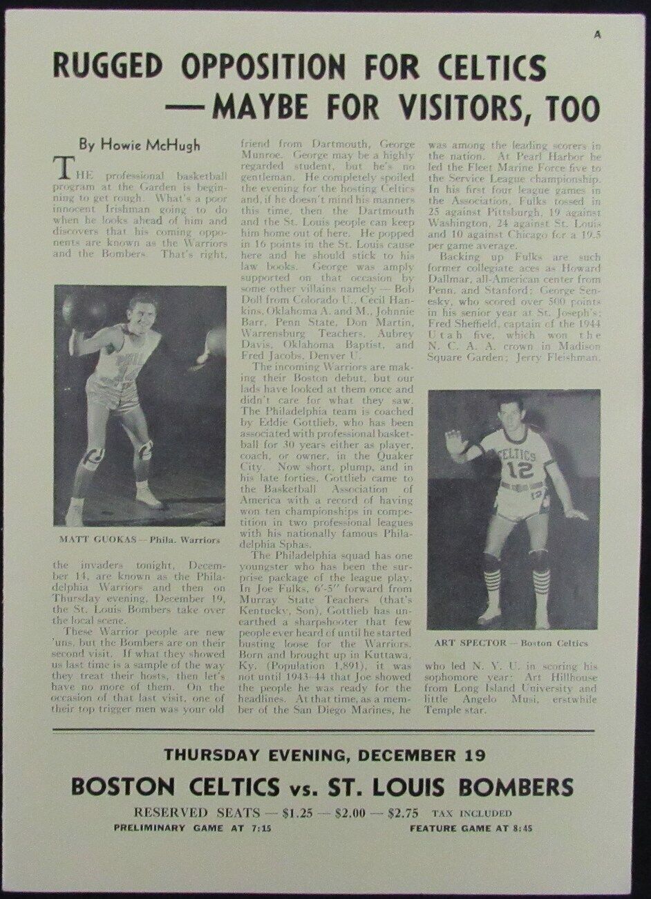 Vintage 1946 Boston Celtics vs. Philadelphia Warriors Game Program 176882