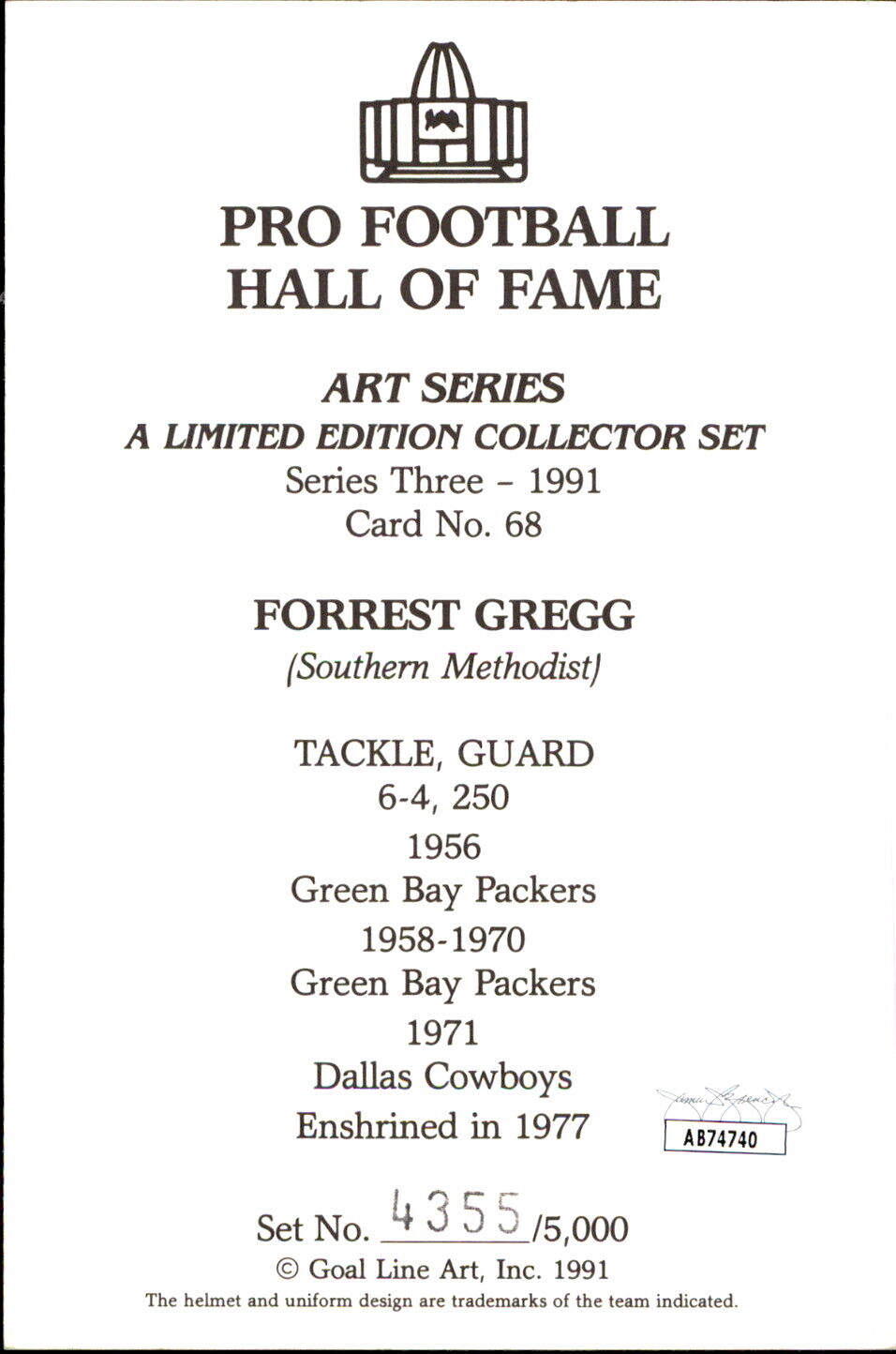 Forrest Gregg HOF Autographed/Inscribed Goal Line Art GLAC Postcard Packers JSA