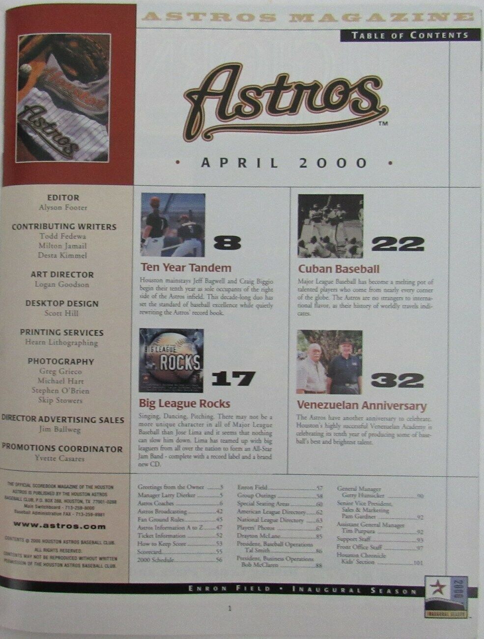 Houston Astros Program ENRON April 2000 Inaugural Season 155706